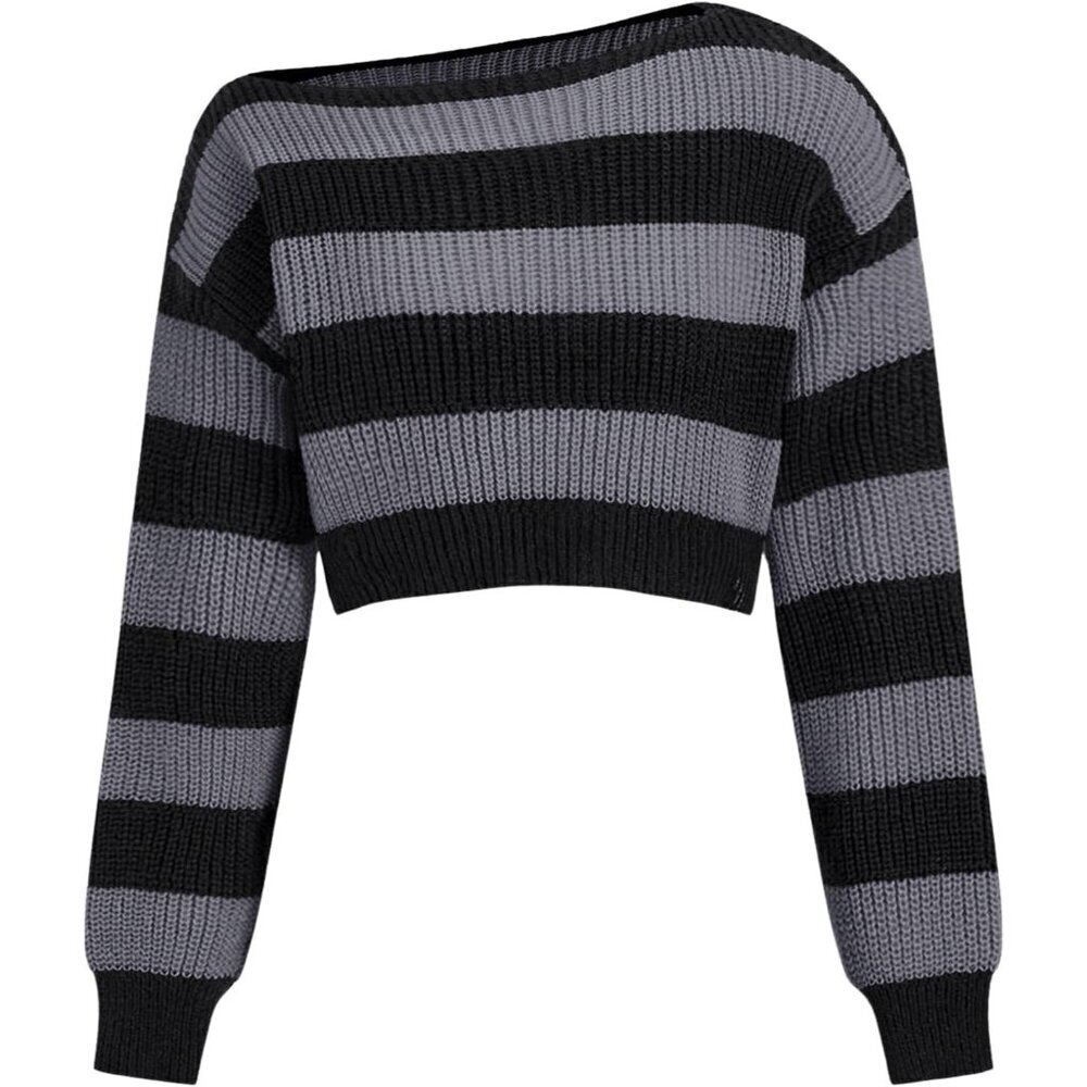 Women's Off Shoulder Cropped Sweater Knit Long Sleeve Top Grunge Style